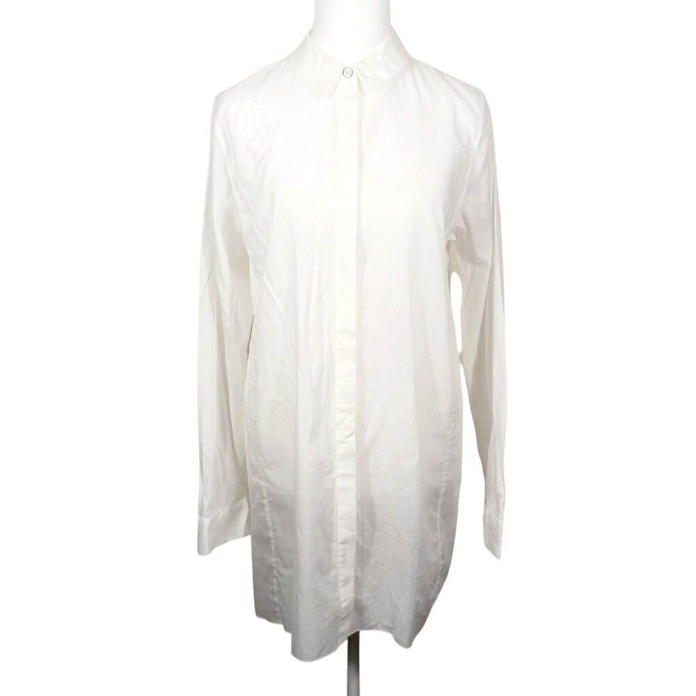 Cabi White Vacation Shirt Medium, Long, Hi Low, Capelet Ruffle Back, Button Down